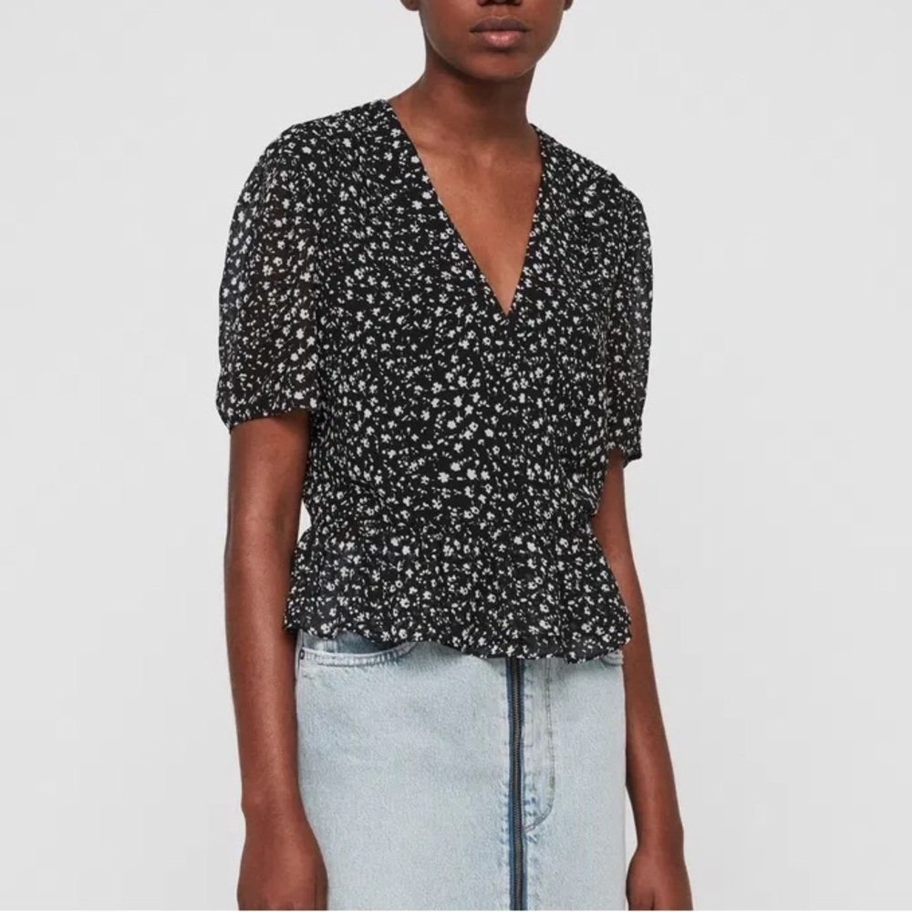 All Saints Ilia Heart Print Wrap Blouse Top - Black SZ 2